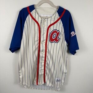 Atlanta Braves Dynasty Baseball Jersey Cream Blue Pinstripe Button Up Adult L